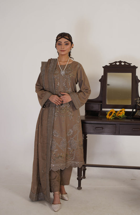 Marjjan Luxury Embroidered Resham Wool Unstitched 3 Piece Suit - MRW-518 Skin - MRJ25WOL - Winter Collection