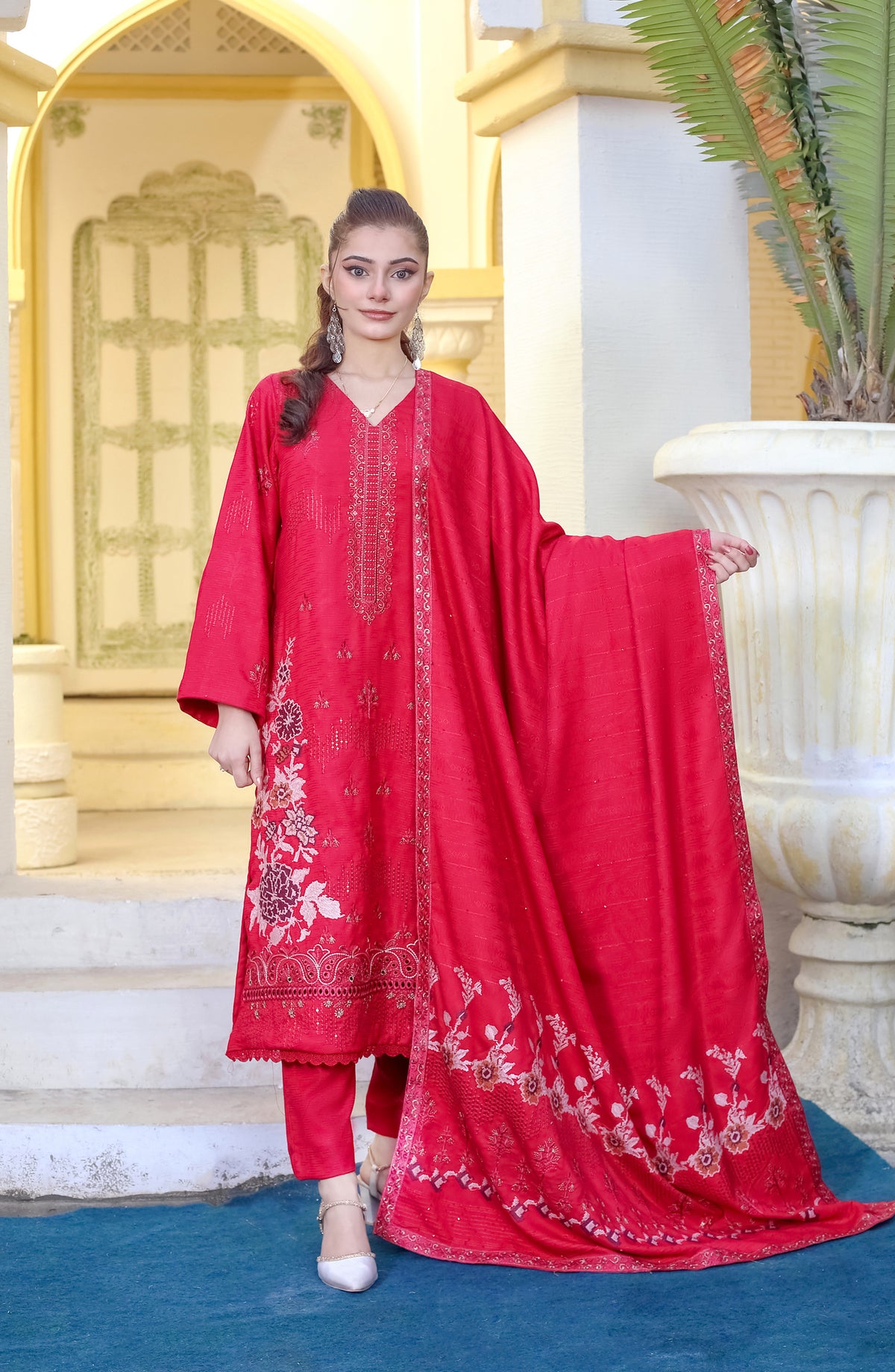 Marjjan Luxury Embroidered Resham Wool Unstitched 3 Piece Suit - MRW-512 Red - MRJ25MRW - Winter Collection