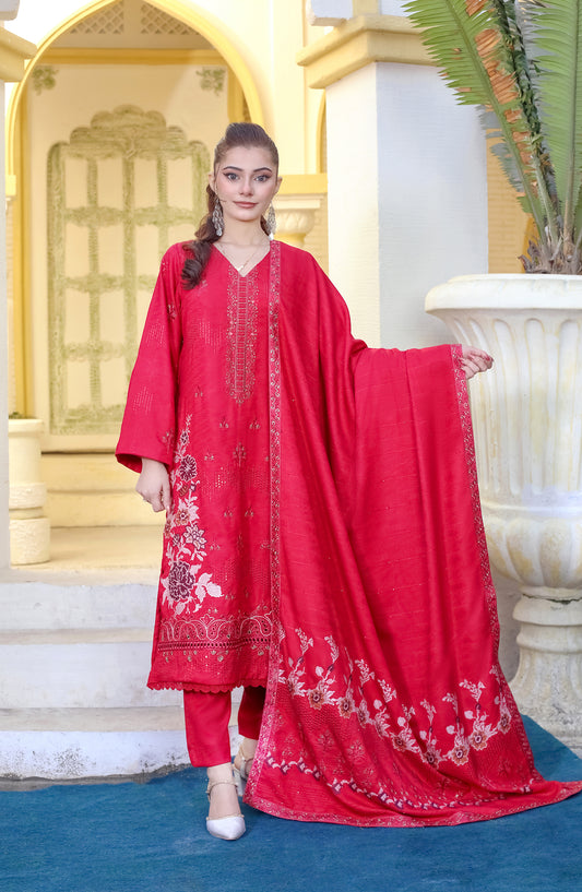 Marjjan Luxury Embroidered Resham Wool Unstitched 3 Piece Suit - MRW-512 Red - MRJ25MRW - Winter Collection