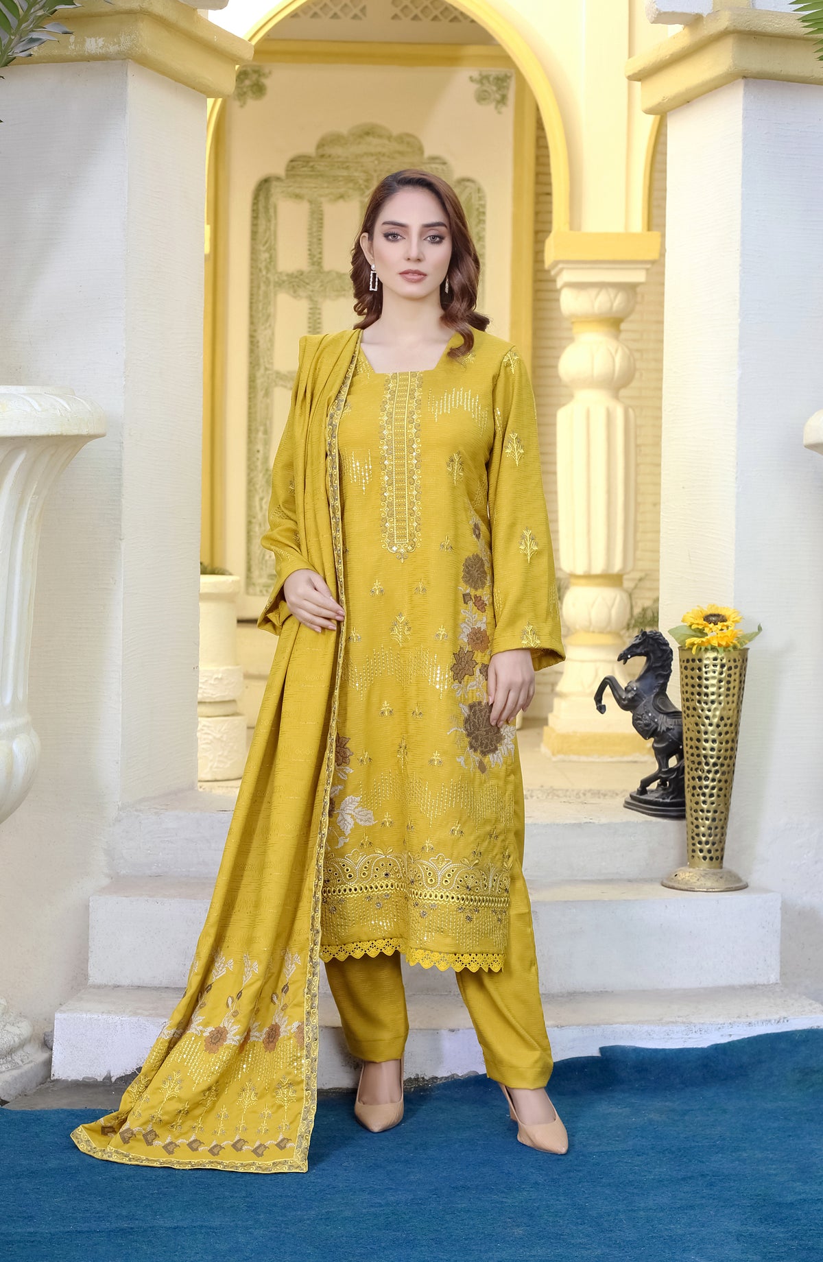 Marjjan Luxury Embroidered Resham Wool Unstitched 3 Piece Suit - MRW-512 Mustard - MRJ25MRW - Winter Collection