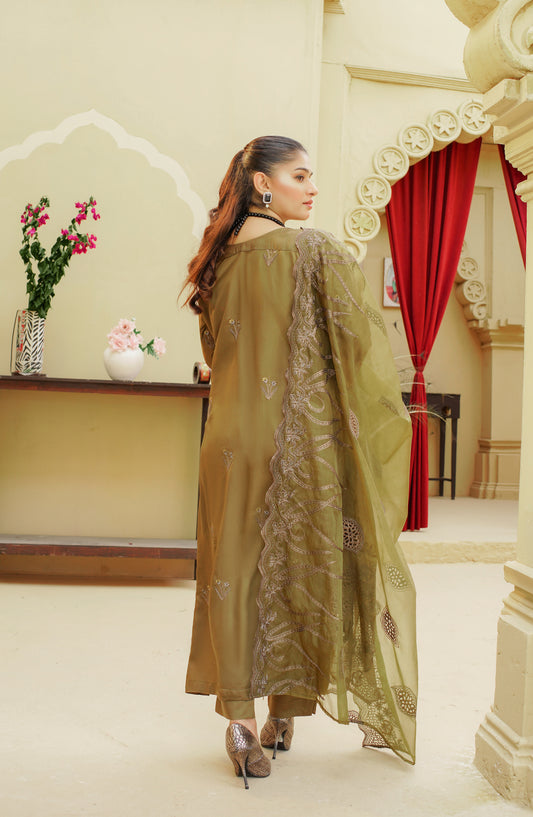 Marjjan Luxury Embroidered Silk Viscose Unstitched 3 Piece Suit - MV-287 Mehndi - MRJ25VS - Winter Collection