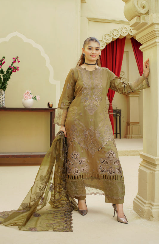 Marjjan Luxury Embroidered Silk Viscose Unstitched 3 Piece Suit - MV-287 Mehndi - MRJ25VS - Winter Collection