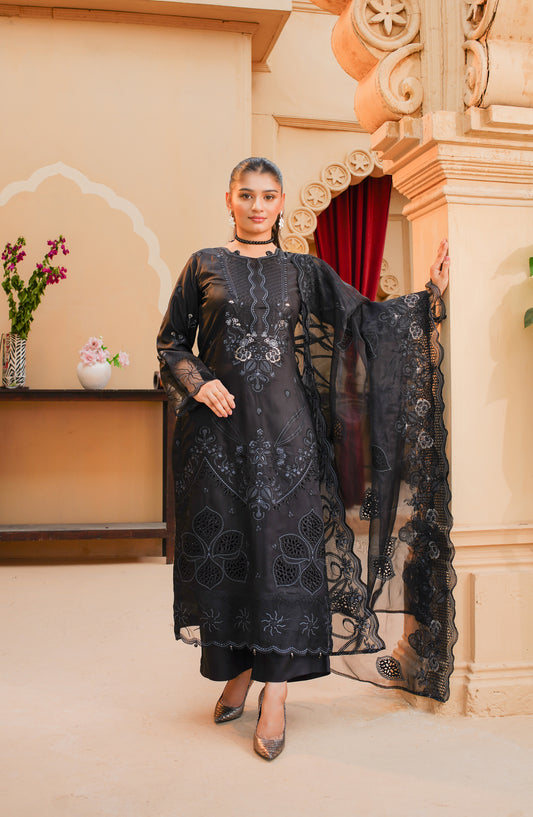 Marjjan Luxury Embroidered Silk Viscose Unstitched 3 Piece Suit - MV-287 Black - MRJ25VS - Winter Collection