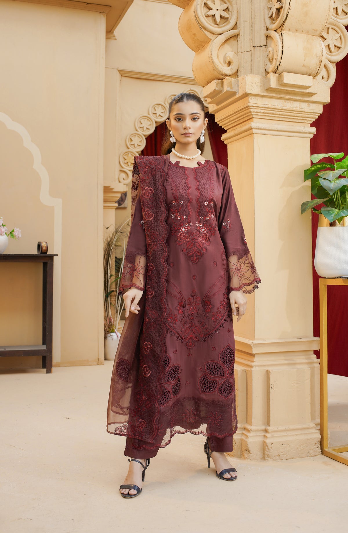 Marjjan Luxury Embroidered Silk Viscose Unstitched 3 Piece Suit - MV-287 Plum - MRJ25VS - Winter Collection