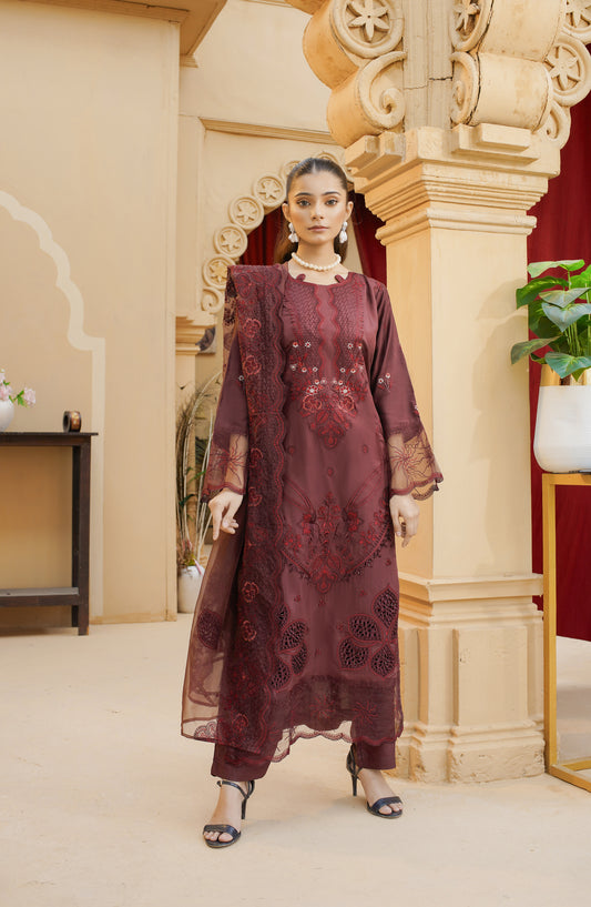 Marjjan Luxury Embroidered Silk Viscose Unstitched 3 Piece Suit - MV-287 Plum - MRJ25VS - Winter Collection