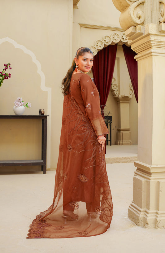 Marjjan Luxury Embroidered Silk Viscose Unstitched 3 Piece Suit - MV-287 Rust - MRJ25VS - Winter Collection