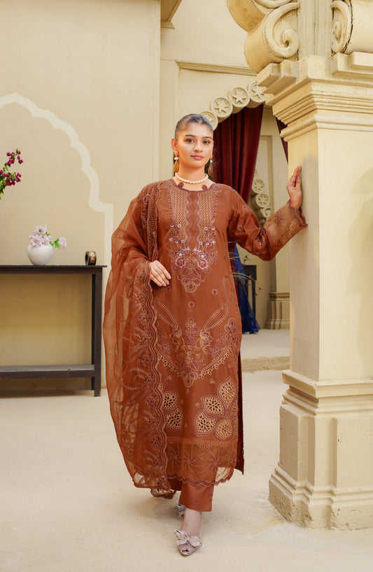 Marjjan Luxury Embroidered Silk Viscose Unstitched 3 Piece Suit - MV-287 Rust - MRJ25VS - Winter Collection