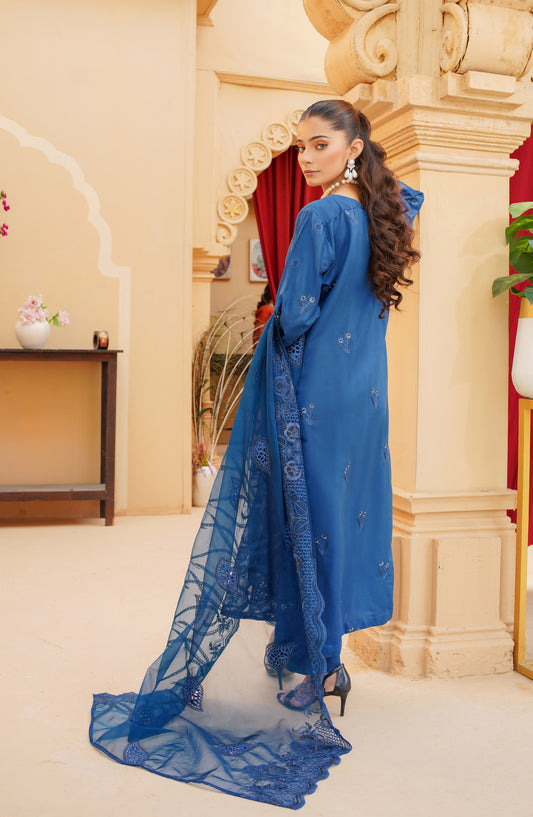 Marjjan Luxury Embroidered Silk Viscose Unstitched 3 Piece Suit - MV-287 Blue - MRJ25VS - Winter Collection