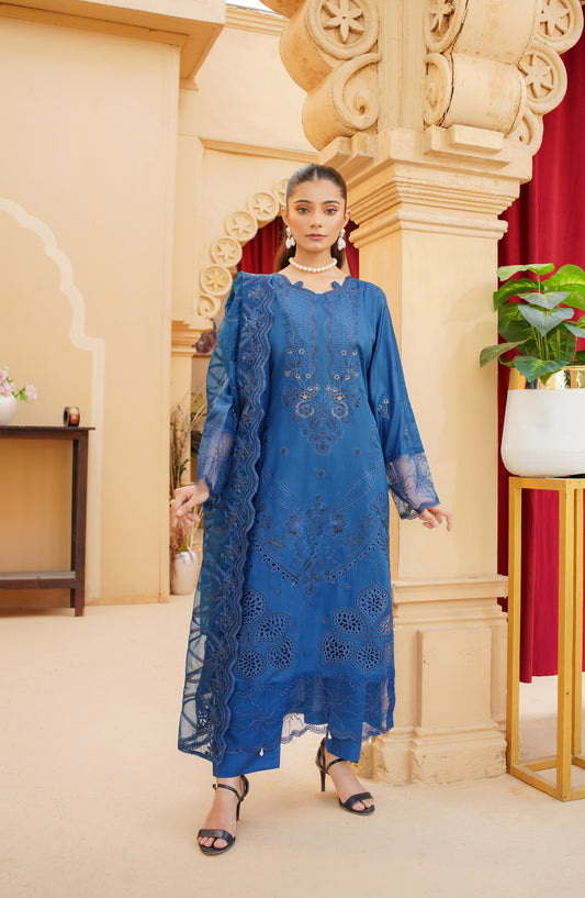 Marjjan Luxury Embroidered Silk Viscose Unstitched 3 Piece Suit - MV-287 Blue - MRJ25VS - Winter Collection