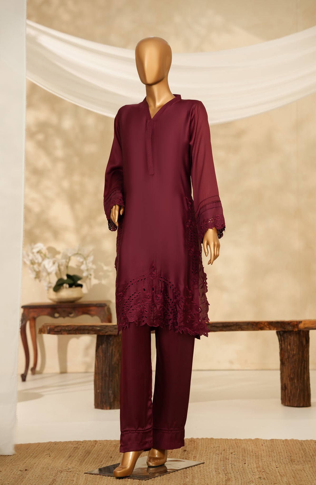 Marlene by Amna Khadija Embroidered Shamooz Silk Stitched 2 Piece Suit - MSS-22 - AM25MLSH - Maroon - Winter Collection
