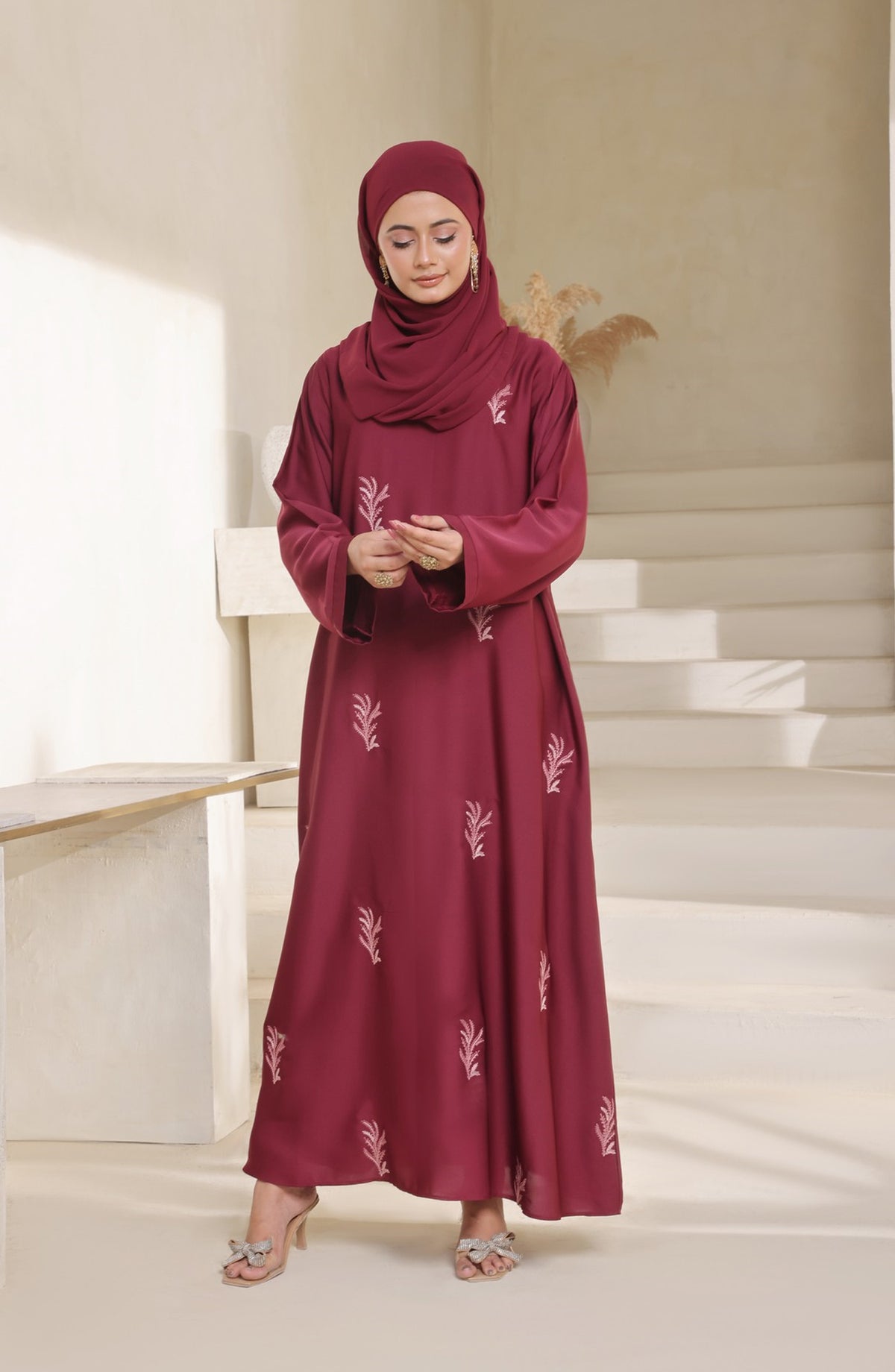 Kohinoor by TGM Closed-Front Maxi Premium Fabric Abaya - Maroon Wonder - TGM25KOH - Maroon
