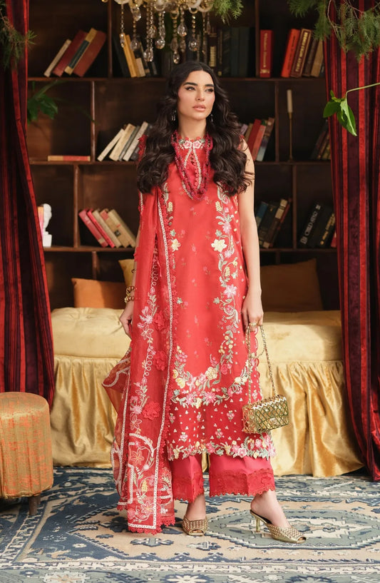 Maryam Hussain Embroidered Lawn Unstitched 3 Piece Suit - Crimson - MRH26LW - Red - Luxury Summer Collection