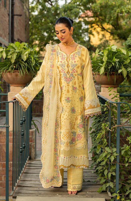 Maryam Hussain Embroidered Luxury Lawn Unstitched 3 Piece Suit - Marjaan - MRH25LL - Yellow - Summer Collection