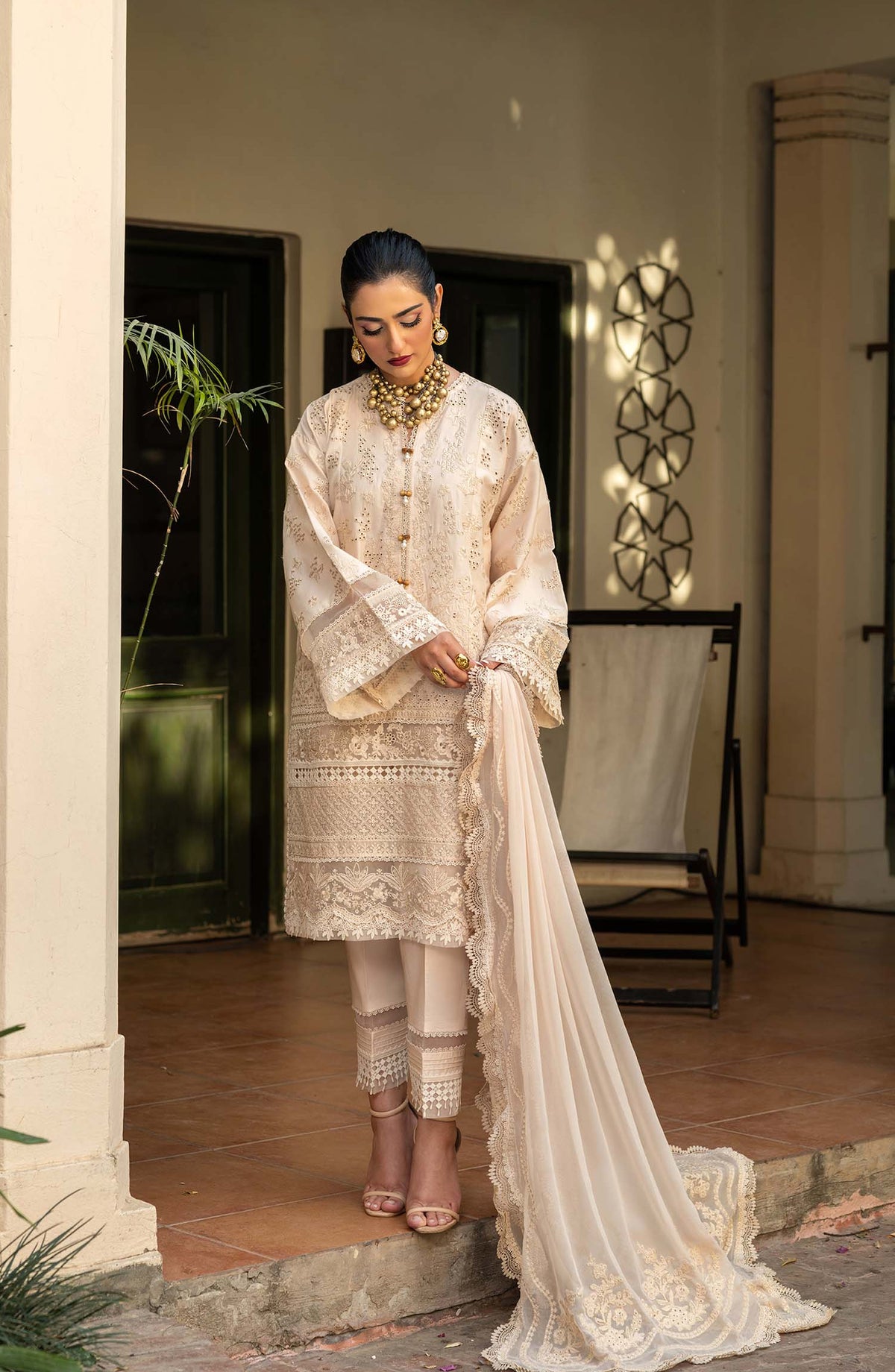 Maryam Hussain Embroidered Luxury Lawn Unstitched 3 Piece Suit - Raya - MRH25LL - Fawn - Summer Collection