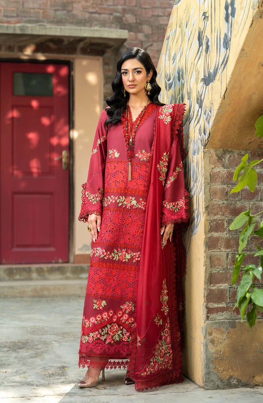 Maryam Hussain Embroidered Luxury Lawn Unstitched 3 Piece Suit - Amal - MRH25LL - Red - Summer Collection