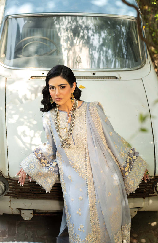 Maryam Hussain Embroidered Luxury Lawn Unstitched 3 Piece Suit - Badal - MRH25LL - Blue - Summer Collection