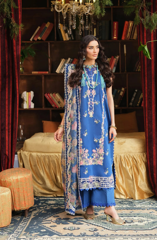 Maryam Hussain Embroidered Lawn Unstitched 3 Piece Suit - Skye - MRH26LW - Blue - Luxury Summer Collection