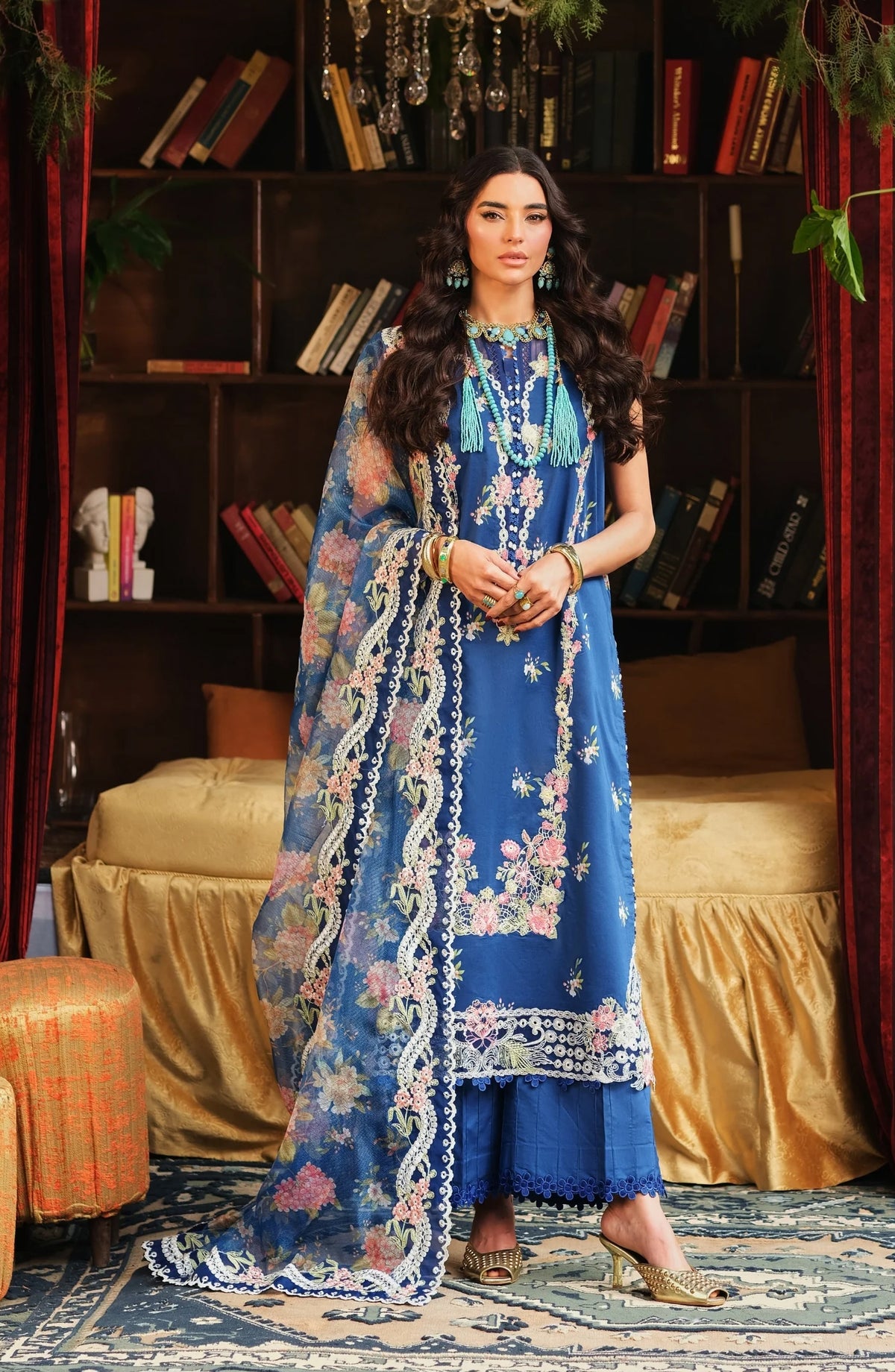 Maryam Hussain Embroidered Lawn Unstitched 3 Piece Suit - Skye - MRH26LW - Blue - Luxury Summer Collection