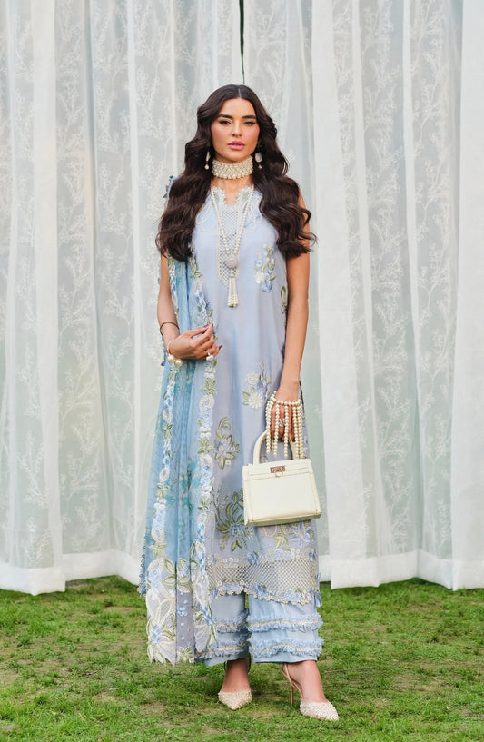 Maryam Hussain Embroidered Lawn Unstitched 3 Piece Suit - Frost - MRH26LW - Sky Blue - Luxury Summer Collection