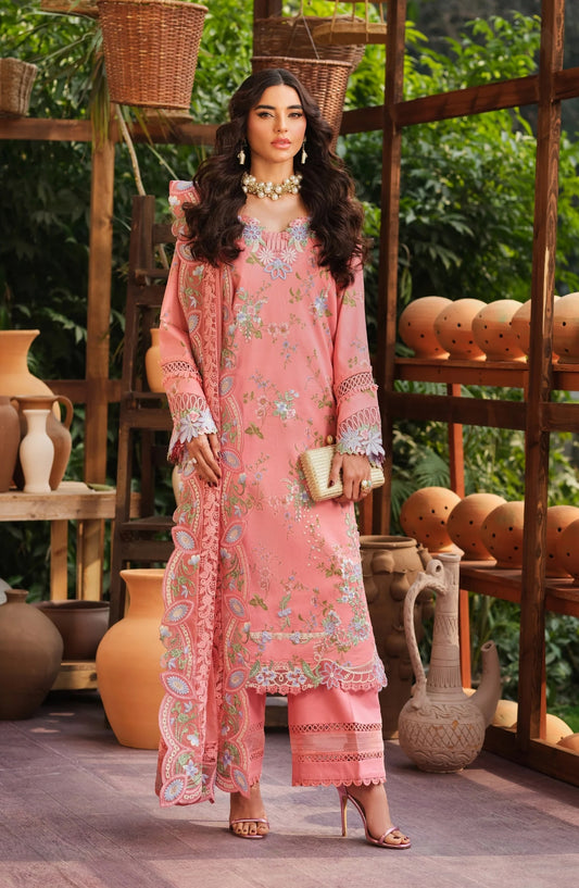 Maryam Hussain Embroidered Lawn Unstitched 3 Piece Suit - Dimple - MRH26LW - Pink - Luxury Summer Collection