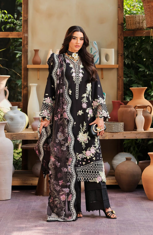 Maryam Hussain Embroidered Lawn Unstitched 3 Piece Suit - Noir - MRH26LW - Black - Luxury Summer Collection