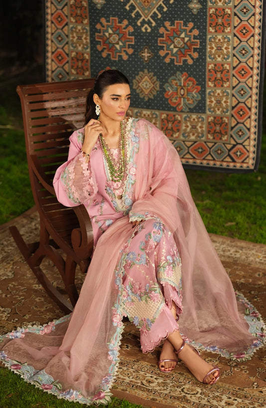 Maryam Hussain Embroidered Lawn Unstitched 3 Piece Suit - Aesaar - MRH26LW - Pink - Luxury Summer Collection