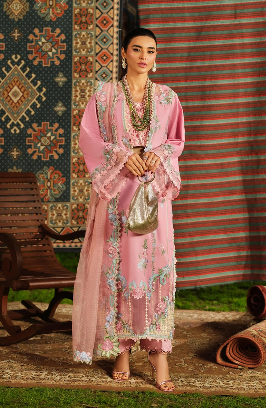 Maryam Hussain Embroidered Lawn Unstitched 3 Piece Suit - Aesaar - MRH26LW - Pink - Luxury Summer Collection
