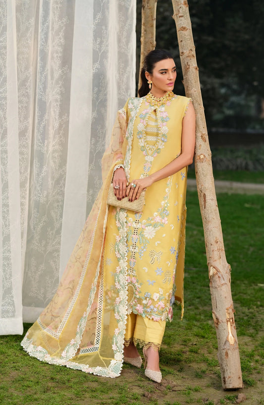 Maryam Hussain Embroidered Lawn Unstitched 3 Piece Suit - Sunflower - MRH26LW - Yellow - Luxury Summer Collection
