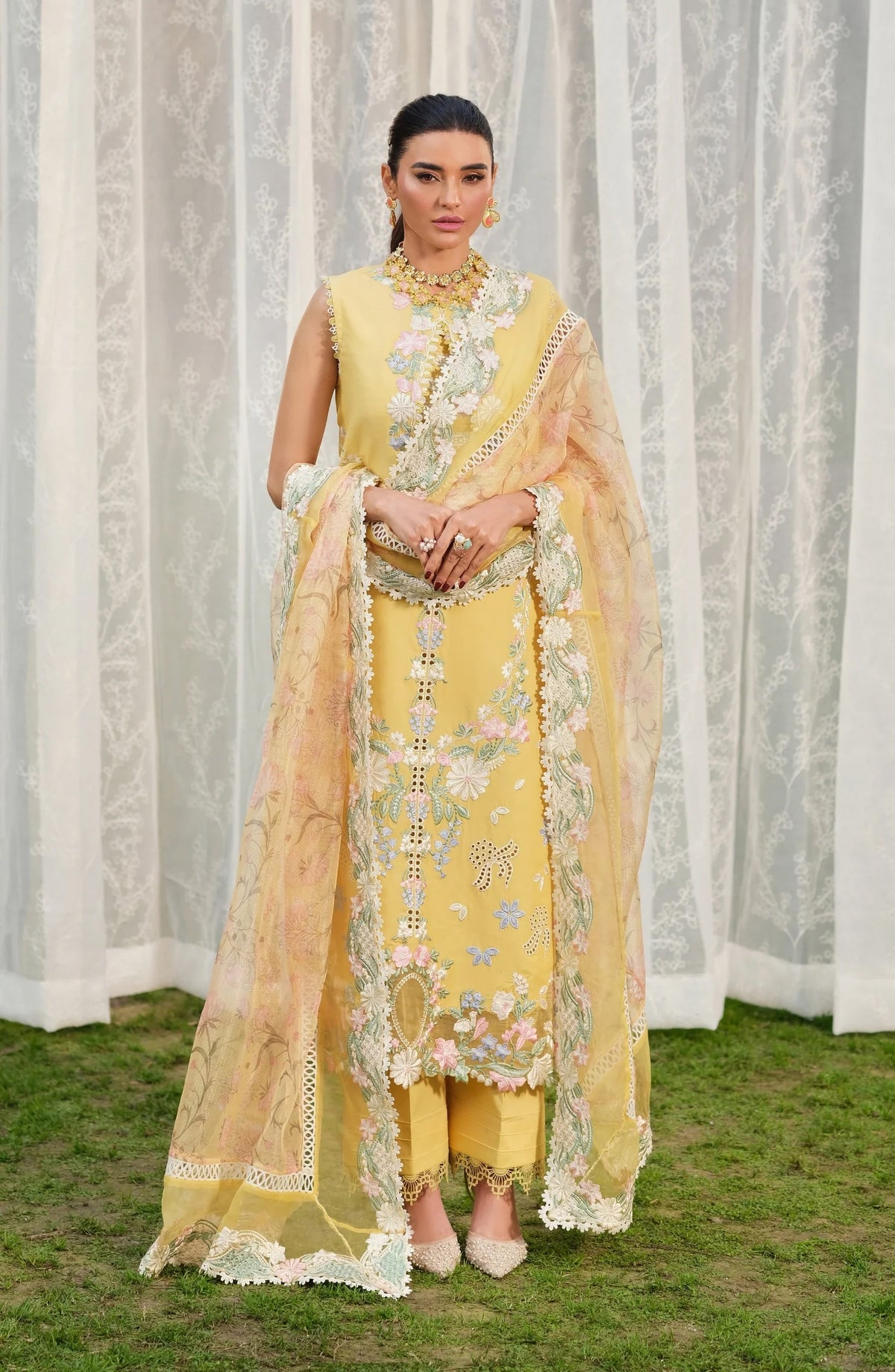 Maryam Hussain Embroidered Lawn Unstitched 3 Piece Suit - Sunflower - MRH26LW - Yellow - Luxury Summer Collection