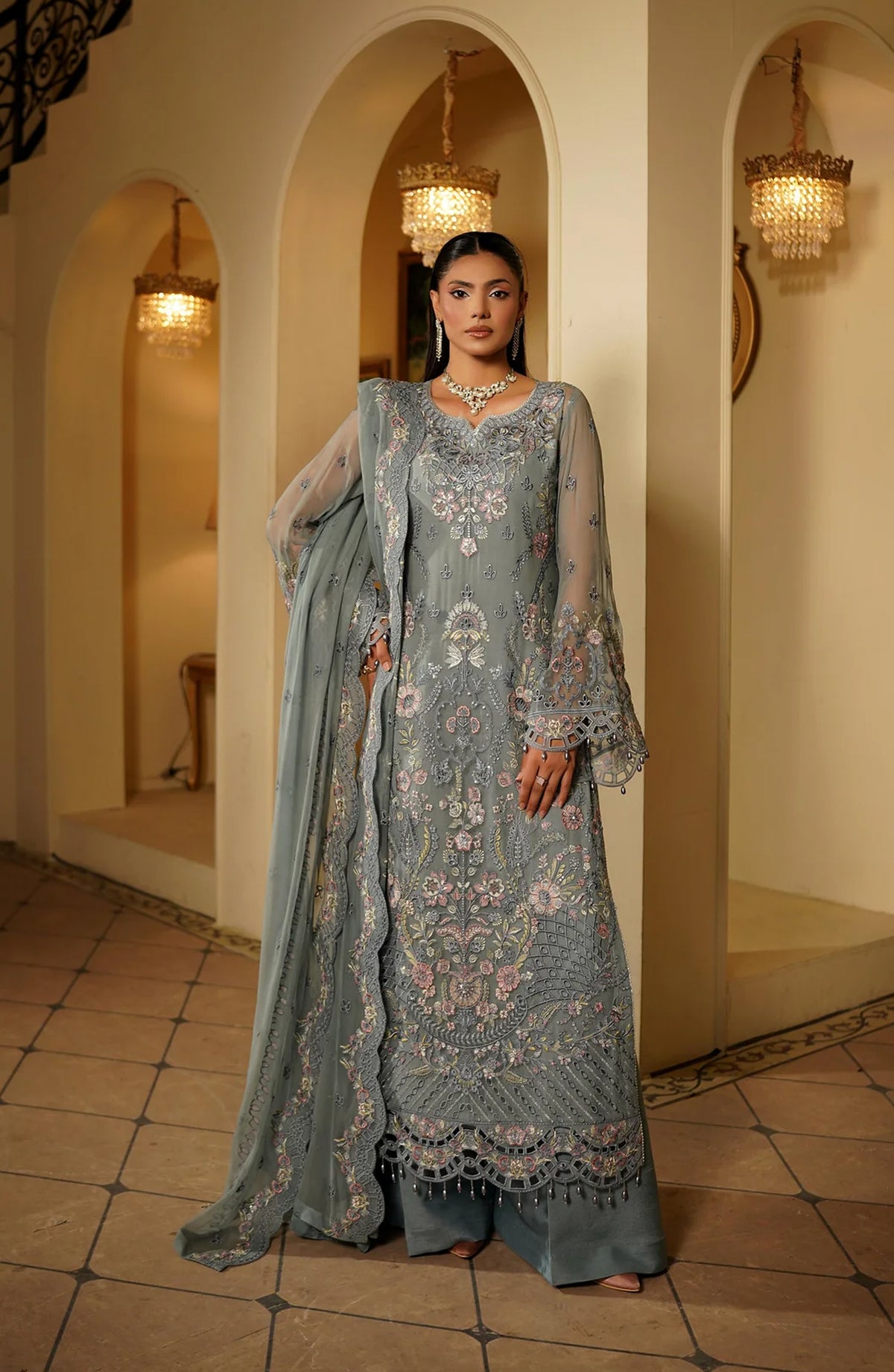 Maryams Luxury Embroidered Chiffon Unstitched 3 Piece Suit - SHAHANA-ARZ-9003 - MAR25LF - Blue - Festive Collection