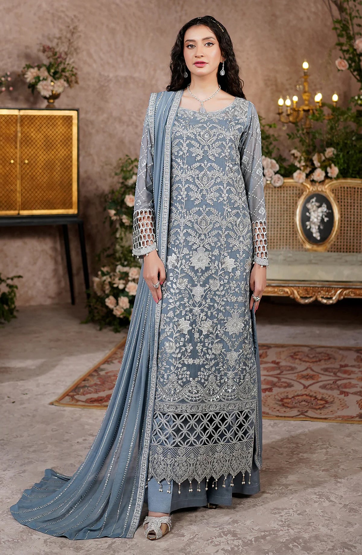 Maryams Luxury Embroidered Chiffon Unstitched 3 Piece Suit - Eilees-ARZ-8006 - MAR25LF - Blue - Festive Collection