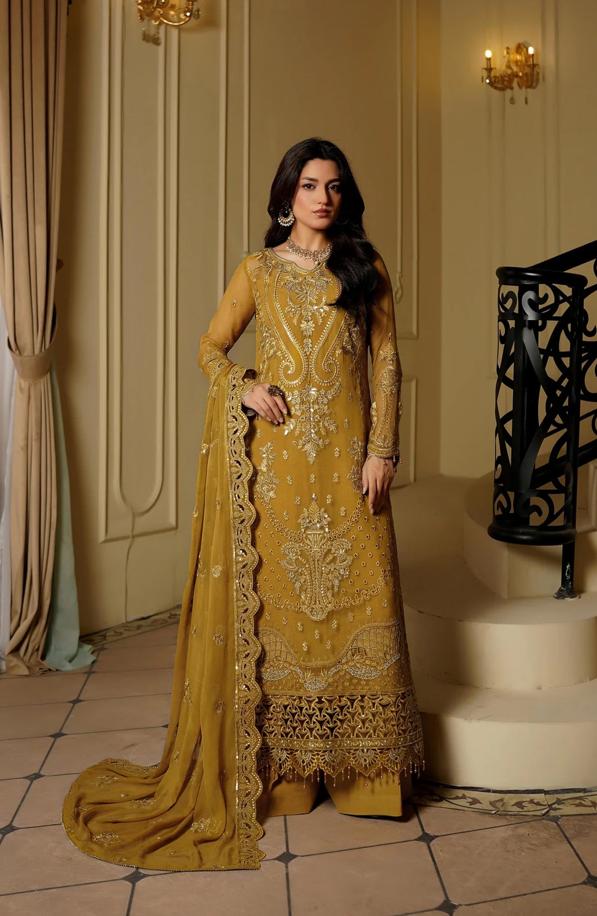 Maryams Luxury Embroidered Chiffon Unstitched 3 Piece Suit - Nyra-ARZ-9006 - MAR25LF - Mustard - Festive Collection