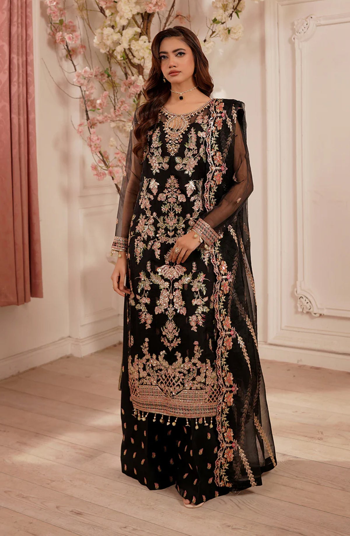 Maryams Luxury Embroidered Organza Unstitched 3 Piece Suit - Arzoo-TBR-0010 - MAR25LF - Black - Festive Collection