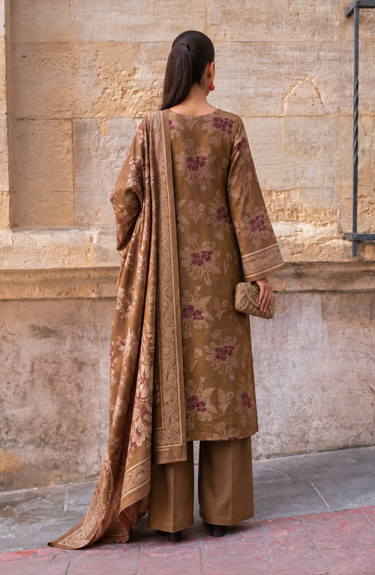 Maryum Maniya by Amna Khadija Broshia Banarsi Cotton Unstitched 3 Piece Suit - AKMM-02 - AM26NYI - Brown - Winter Collection