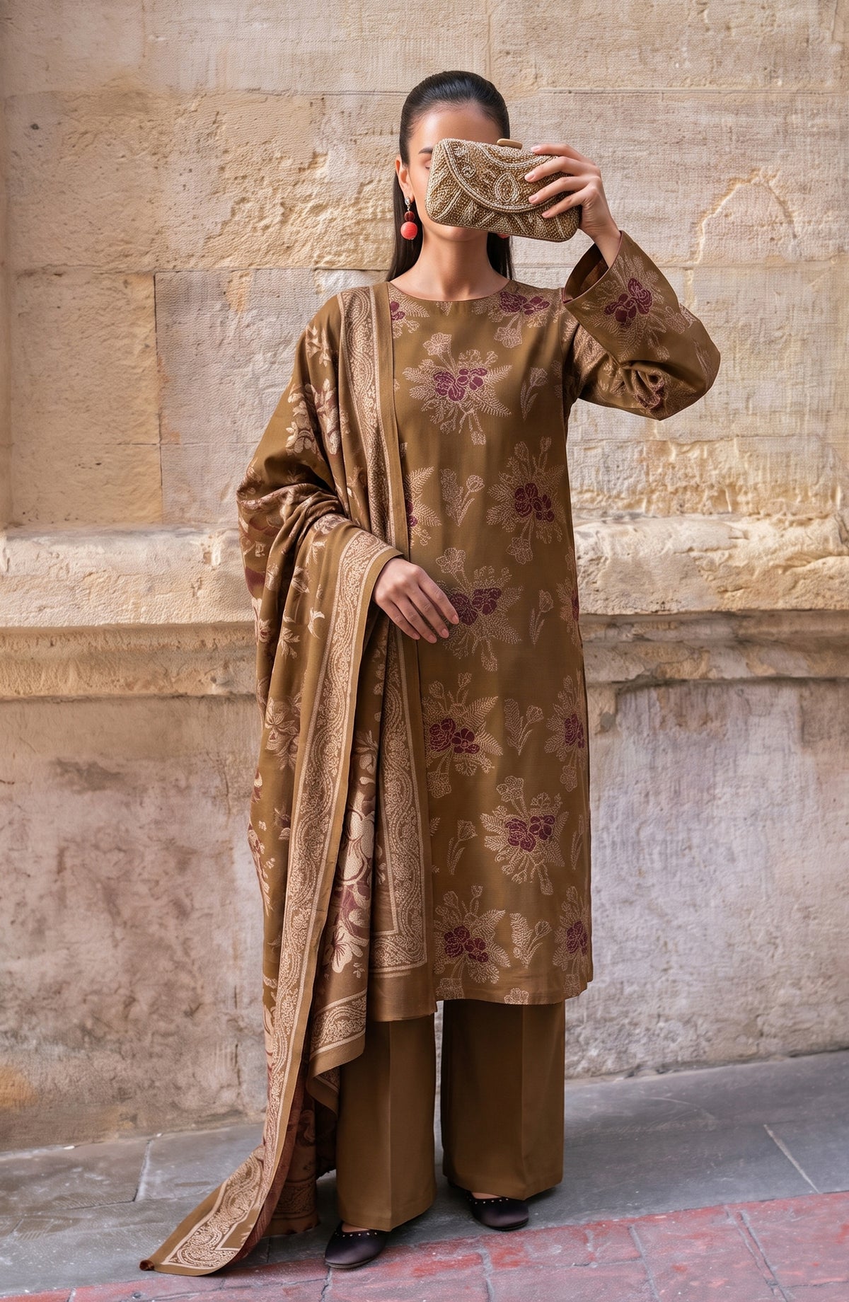 Maryum Maniya by Amna Khadija Broshia Banarsi Cotton Unstitched 3 Piece Suit - AKMM-02 - AM26NYI - Brown - Winter Collection