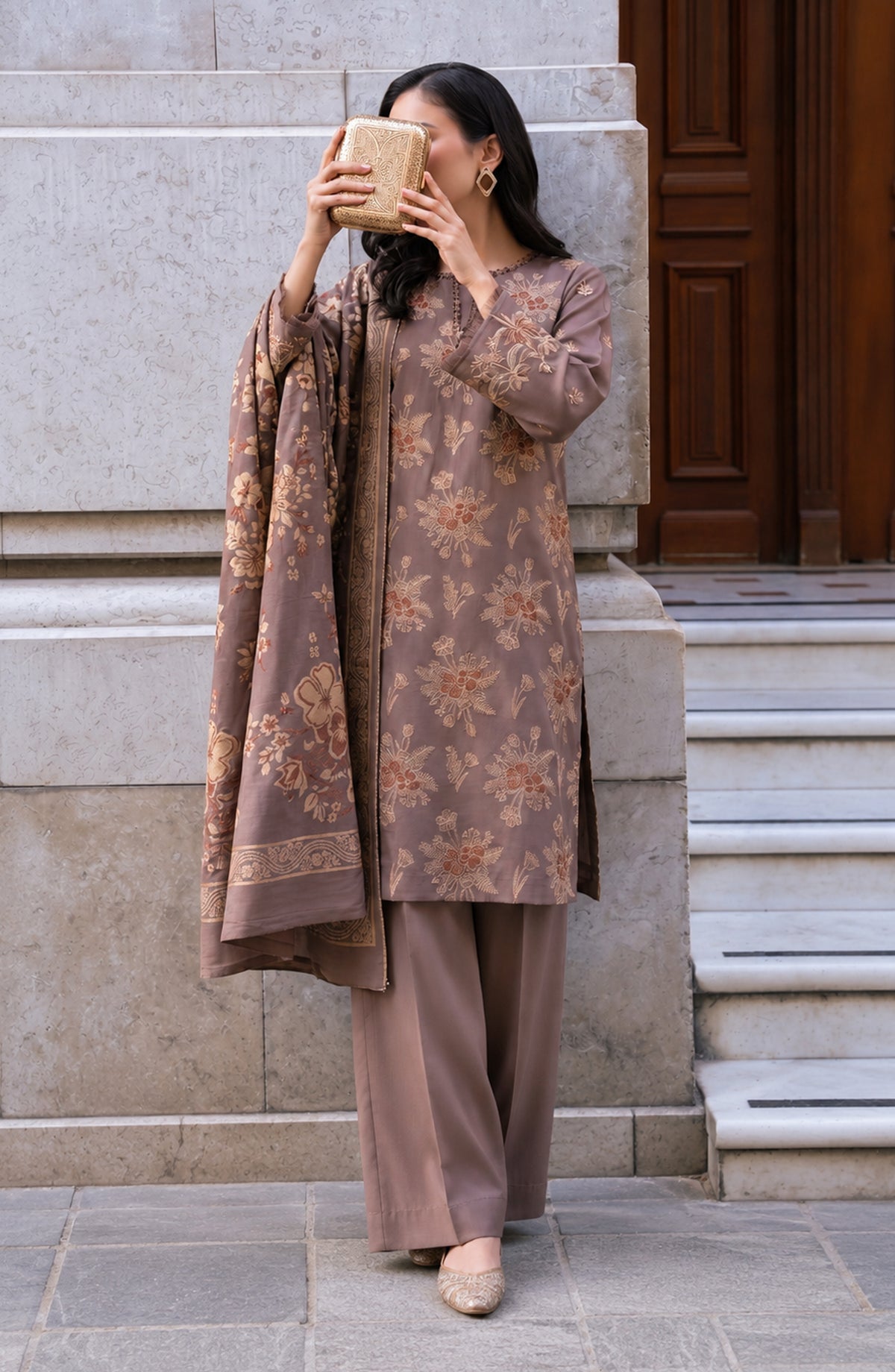 Maryum Maniya by Amna Khadija Broshia Banarsi Cotton Unstitched 3 Piece Suit - AKMM-03 - AM26NYI - Dusty Mauve - Winter Collection
