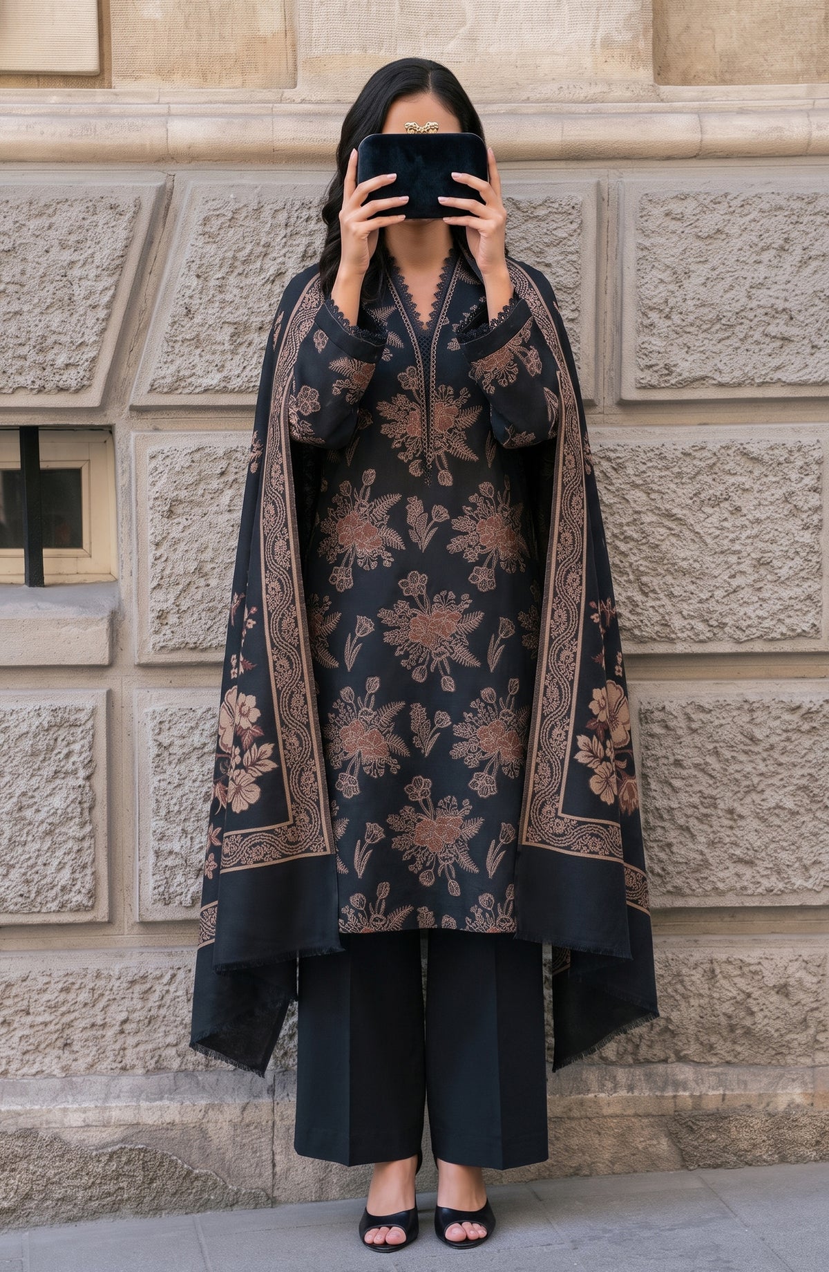 Maryum Maniya by Amna Khadija Broshia Banarsi Cotton Unstitched 3 Piece Suit - AKMM-04 - AM26NYI - Black - Winter Collection