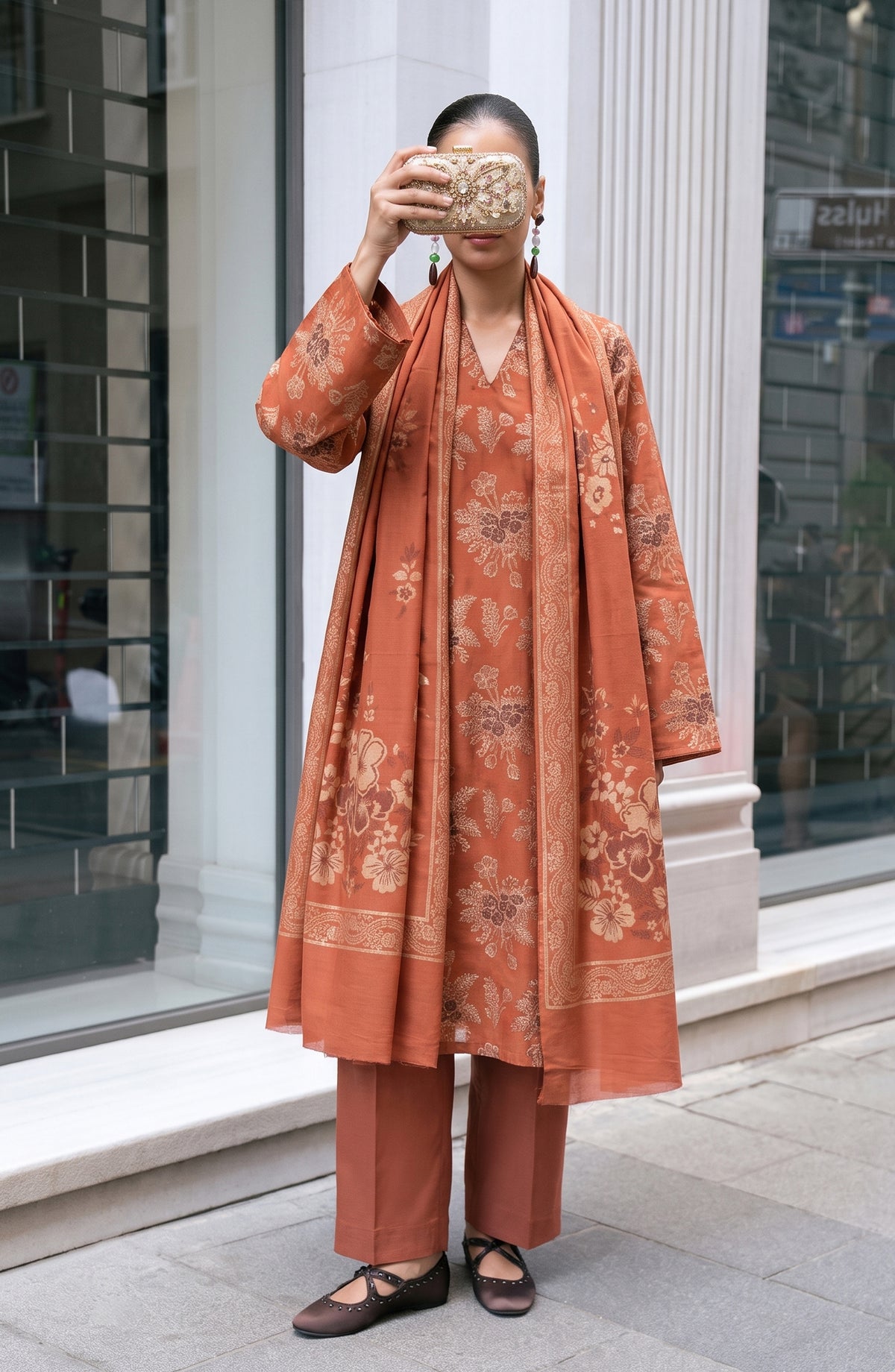 Maryum Maniya by Amna Khadija Broshia Banarsi Cotton Unstitched 3 Piece Suit - AKMM-05 - AM26NYI - Rust - Winter Collection