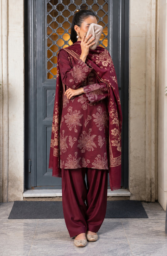 Maryum Maniya by Amna Khadija Broshia Banarsi Cotton Unstitched 3 Piece Suit - AKMM-06 - AM26NYI - Maroon - Winter Collection