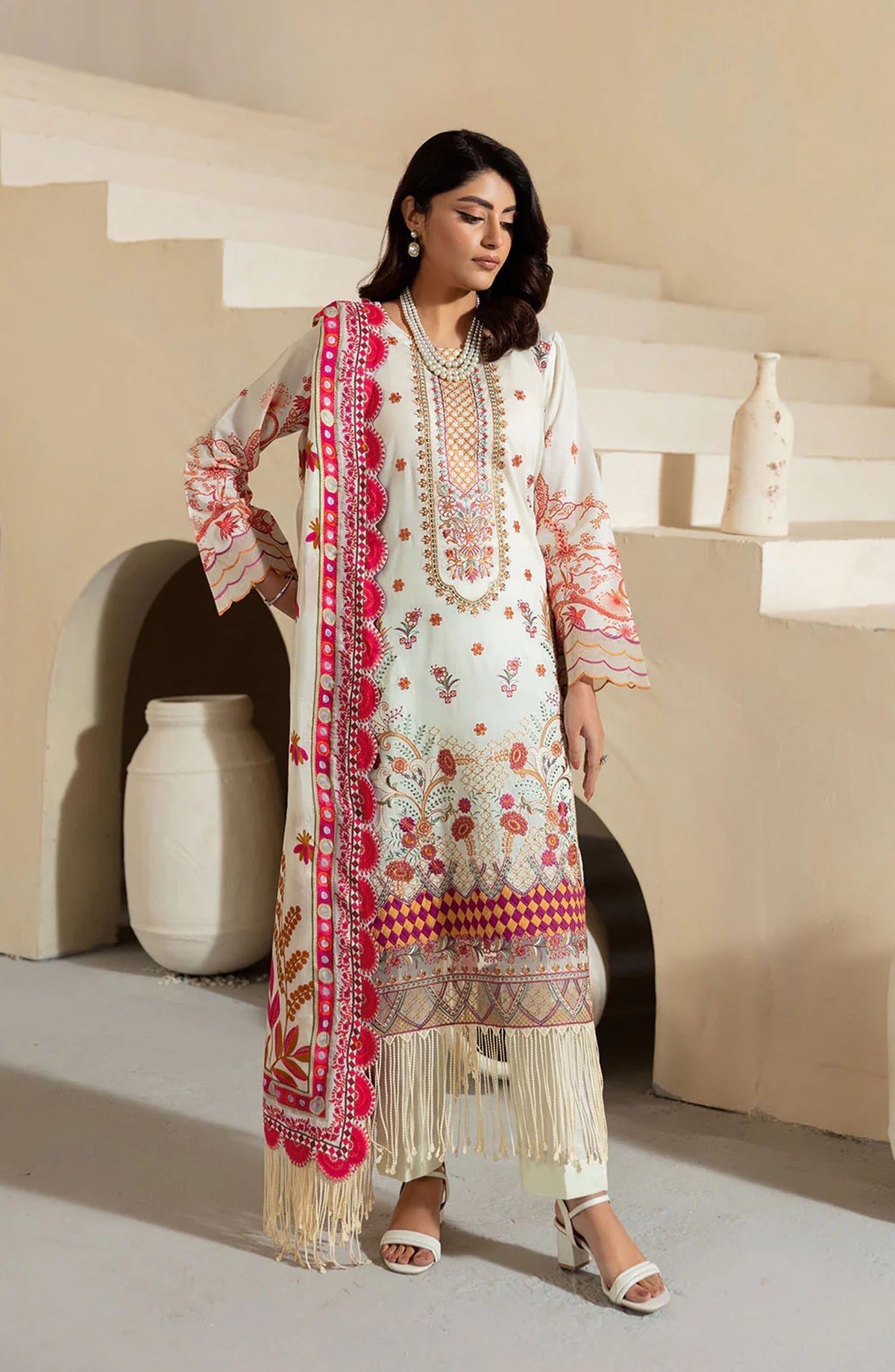 Mashaal by Ramsha Embroidered Lawn Unstitched 3 Piece Suit - L-1308 - RM25MSH13 - White - Summer Collection