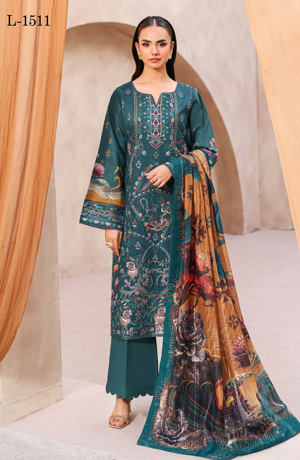 Mashaal by Ramsha Luxury Embroidered Lawn Unstitched 3 Piece Suit - L-1511 - RM26MSH - Teal - Summer Collection