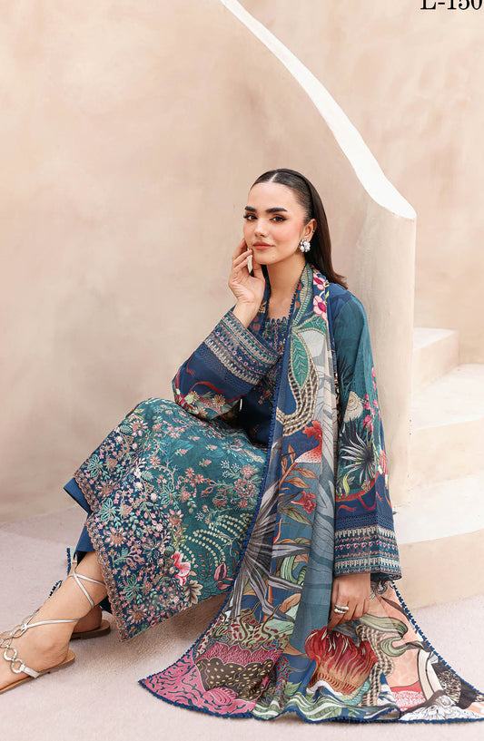 Mashaal by Ramsha Luxury Embroidered Lawn Unstitched 3 Piece Suit - L-1509 - RM26MSH - Blue - Summer Collection