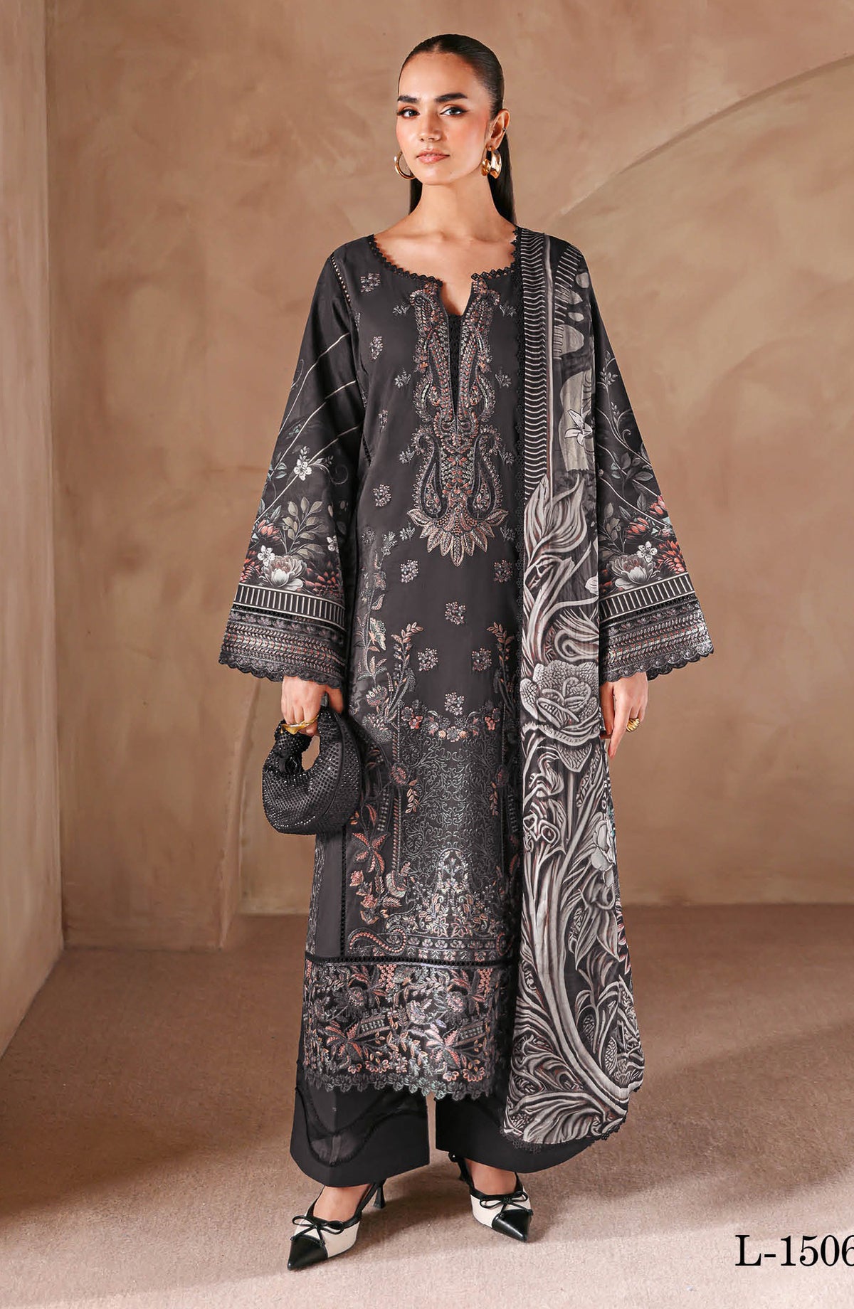 Mashaal by Ramsha Luxury Embroidered Lawn Unstitched 3 Piece Suit - L-1506 - RM26MSH - Black - Summer Collection