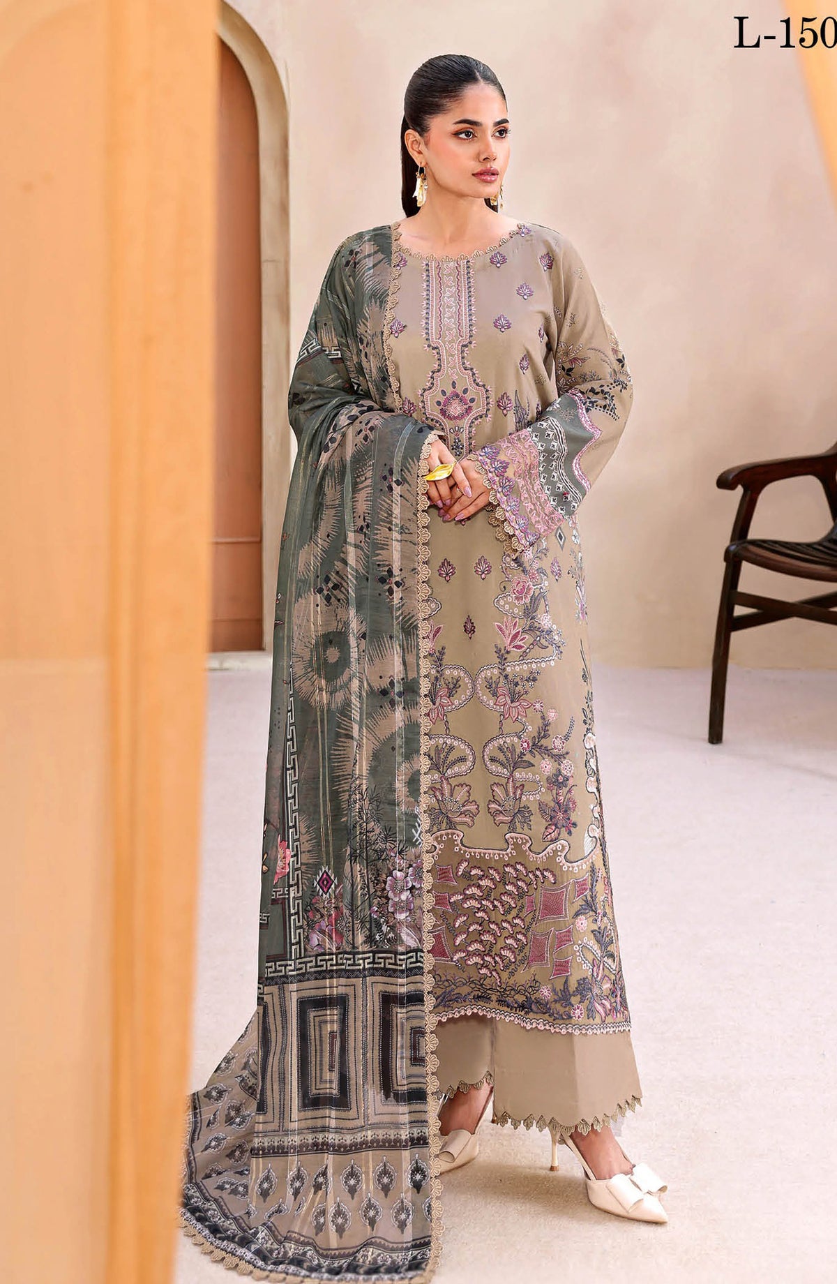 Mashaal by Ramsha Luxury Embroidered Lawn Unstitched 3 Piece Suit - L-1504 - RM26MSH - Beige - Summer Collection