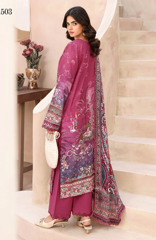 Mashaal by Ramsha Luxury Embroidered Lawn Unstitched 3 Piece Suit - L-1503 - RM26MSH - Pink - Summer Collection