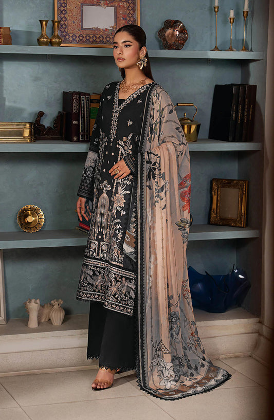 Mashaal by Ramsha Embroidered Lawn Unstitched 3 Piece Suit - L-1608 - RM26LW - Black - Summer Collection