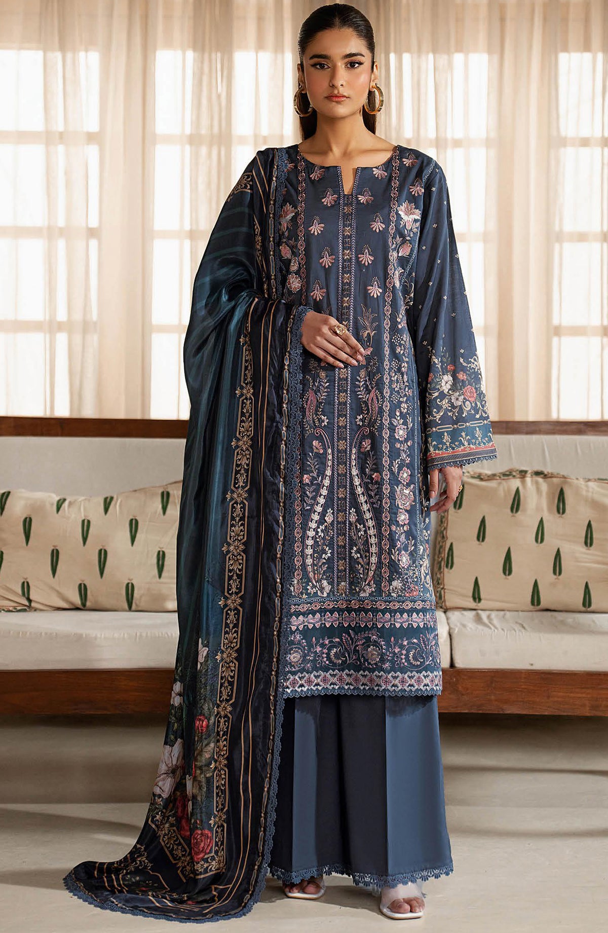 Mashaal by Ramsha Embroidered Lawn Unstitched 3 Piece Suit - L-1606 - RM26LW - Blue - Summer Collection