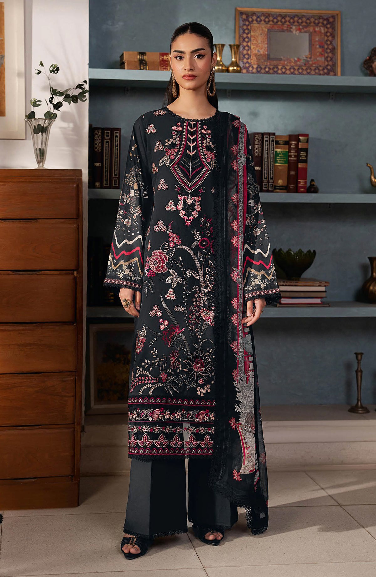Mashaal by Ramsha Embroidered Lawn Unstitched 3 Piece Suit - L-1603 - RM26LW - Black - Summer Collection