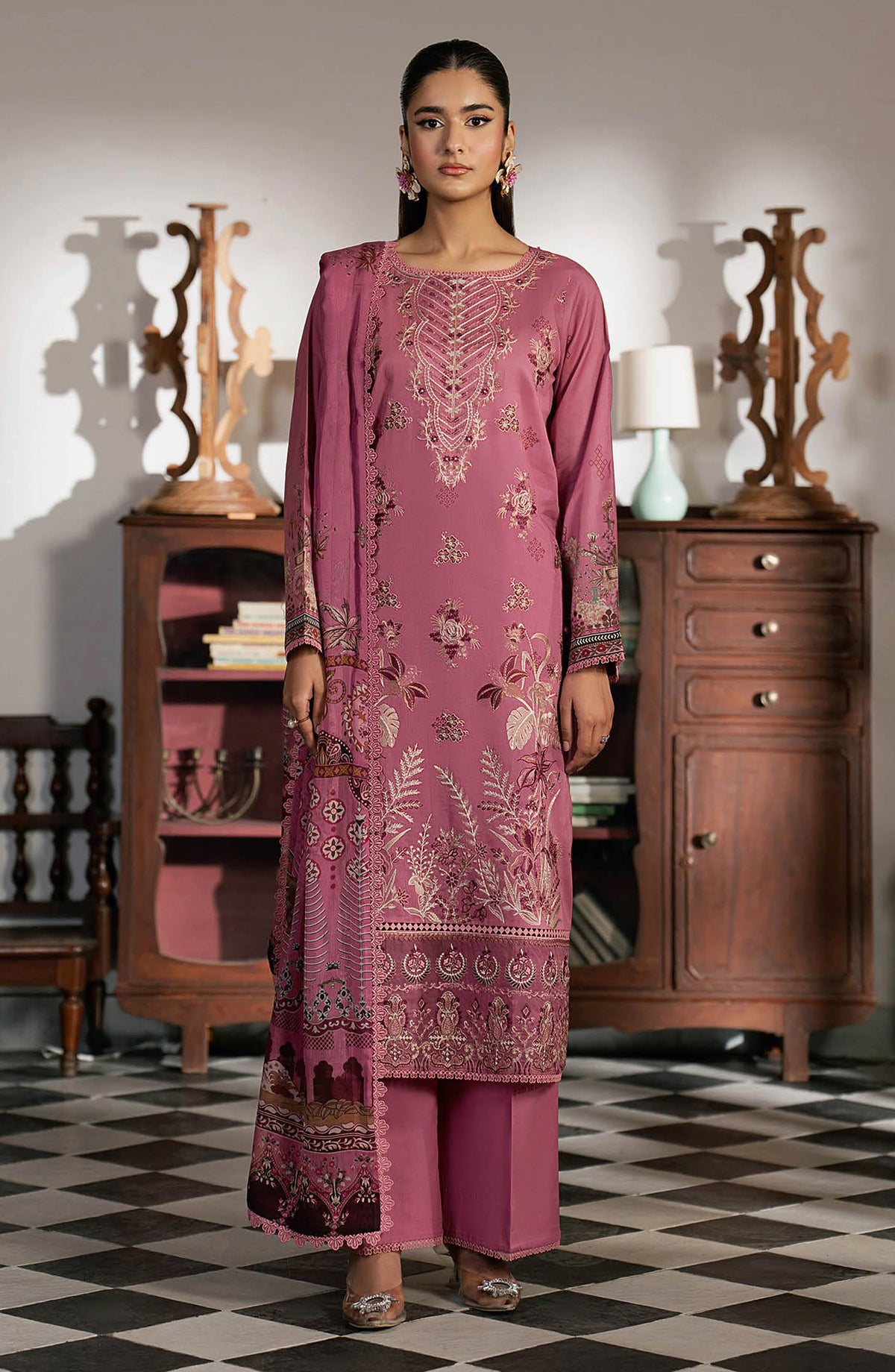 Mashaal by Ramsha Embroidered Lawn Unstitched 3 Piece Suit - L-1602 - RM26LW - Pink - Summer Collection