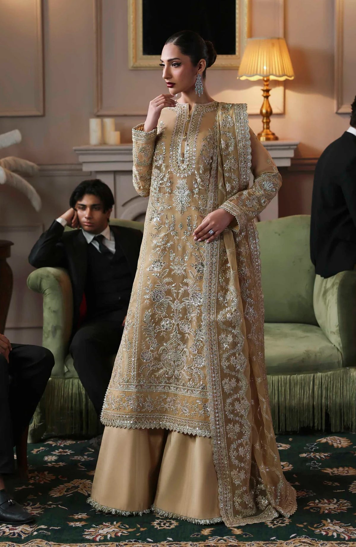 Mastani by Akbar Aslam Luxury Formals Embroidered Organza Unstitched 3 Piece Suit - Tajmeen - AKA25LFM - Beige - Festive Collection